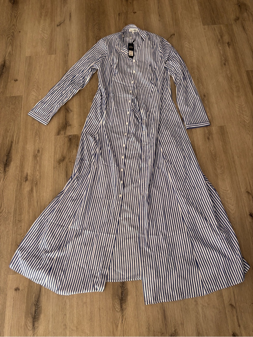 Fashion Nova Blue and White Striped Button-Front Maxi Shirt Dress